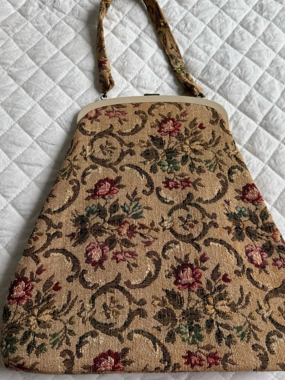 Floral Vintage 50s/60s Embroidered Beige Tapestry Handbag